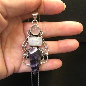 Banded Amethyst + Rainbow Moonstone Gemstone 925 Stamped Silver Necklace.